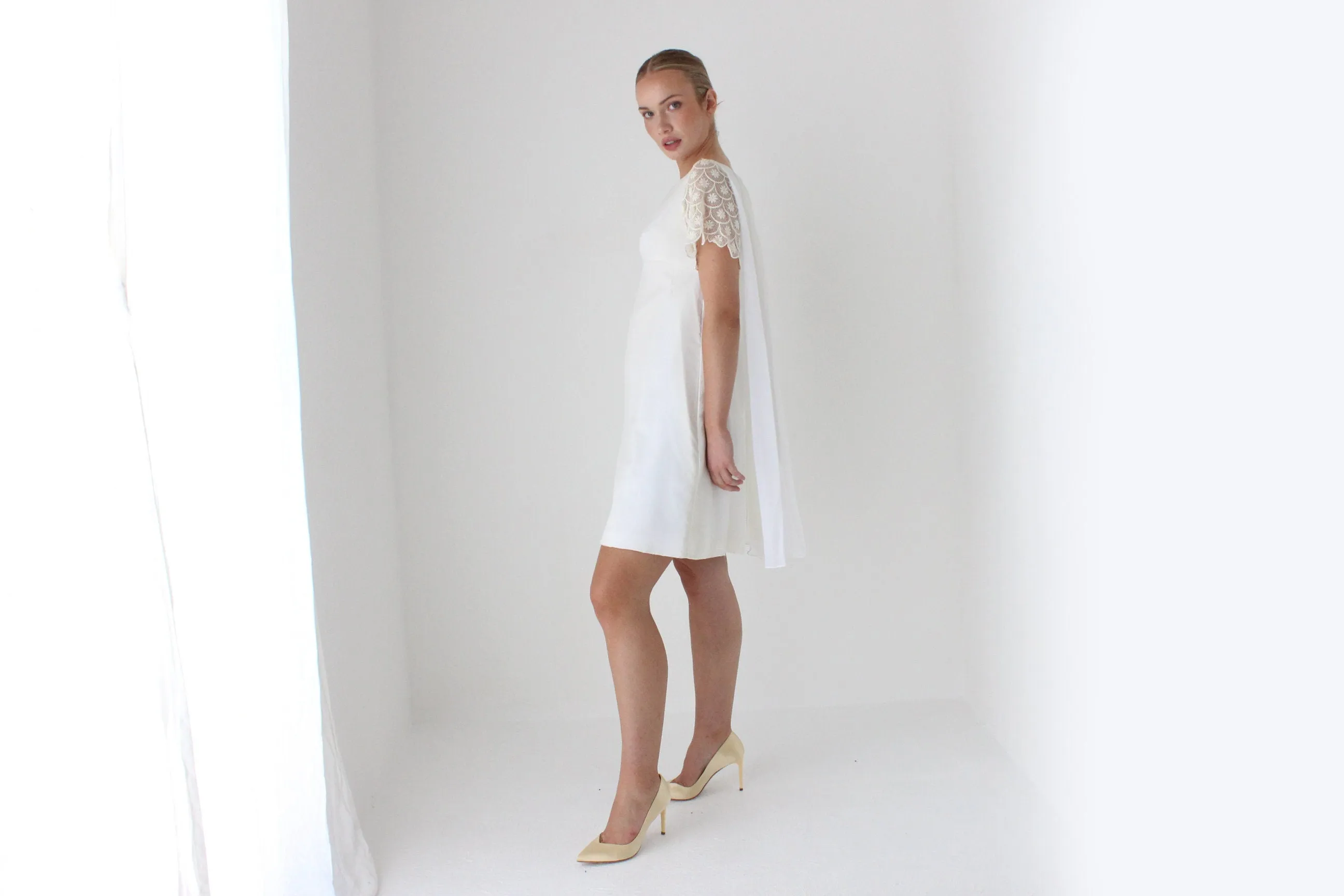 1960s Ivory Crepe Mini w/ Crochet Sleeve & Cape Detail