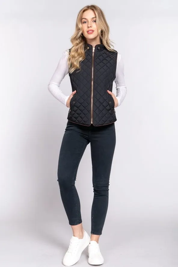 Active Basic Quilted Zip-up Vest in Black