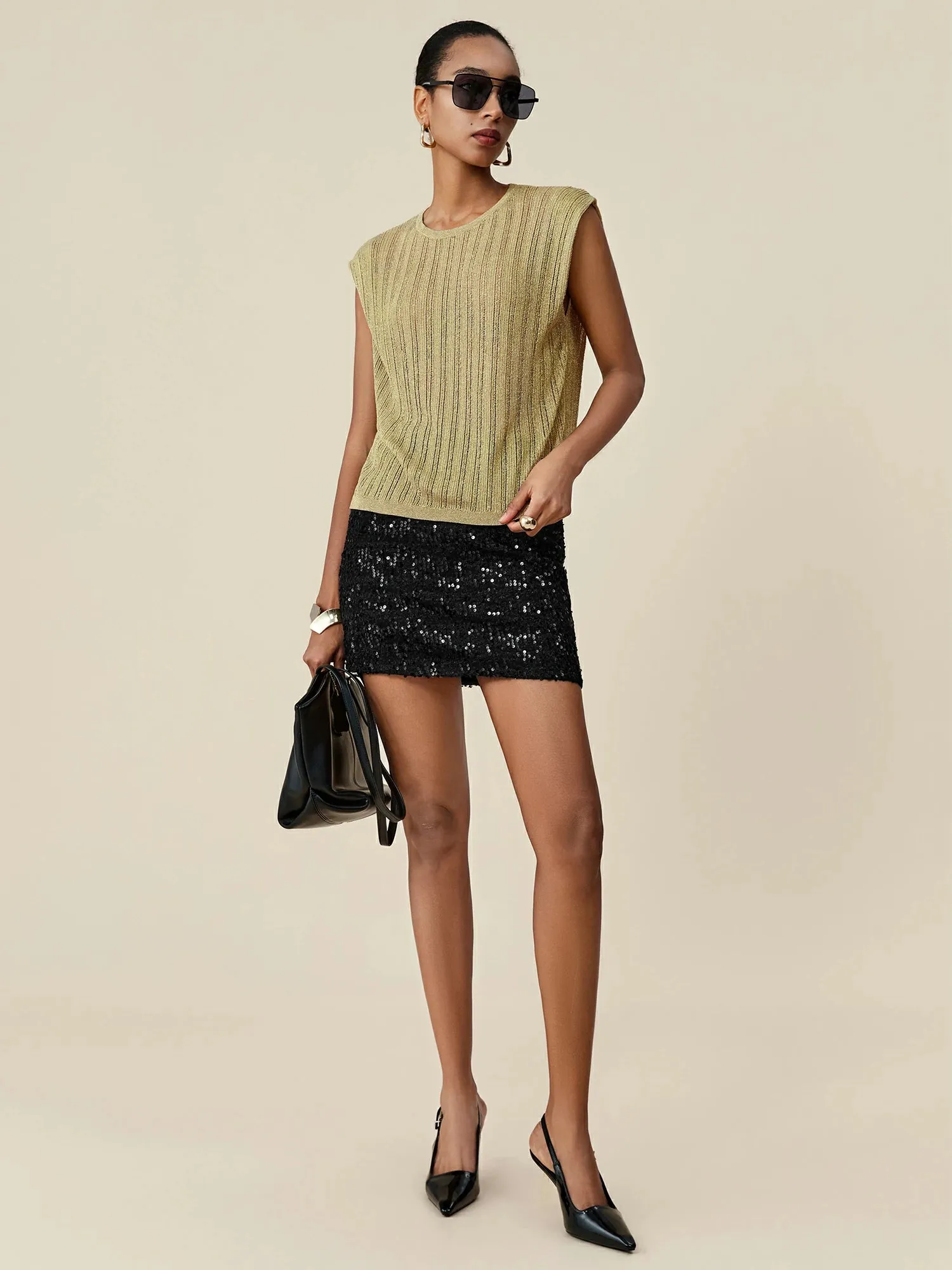 Amoretu Round Neck Glitter Knit Vest