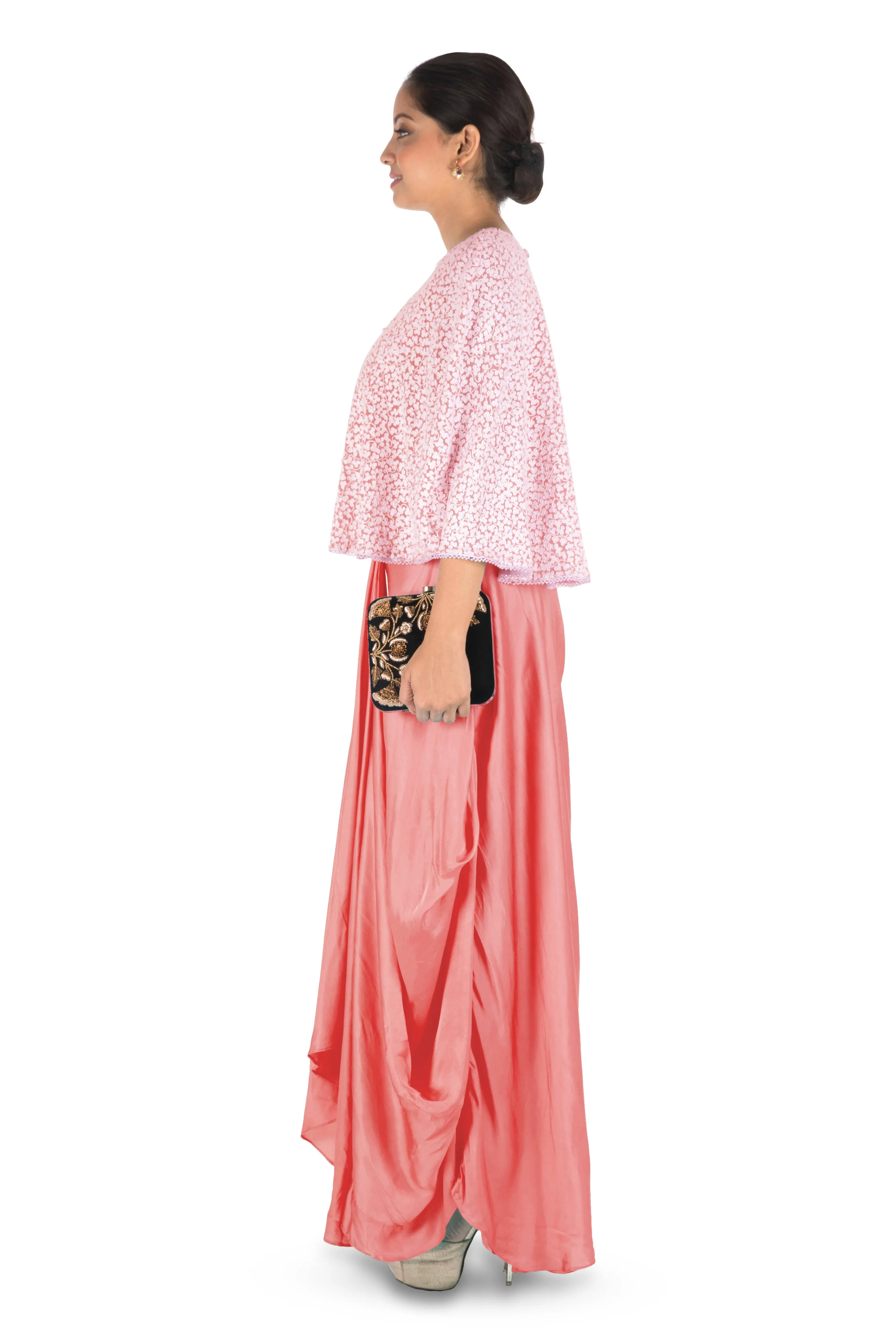 Anju Agarwal Hand Embroidered Peach Drape Skirt & Cape Set