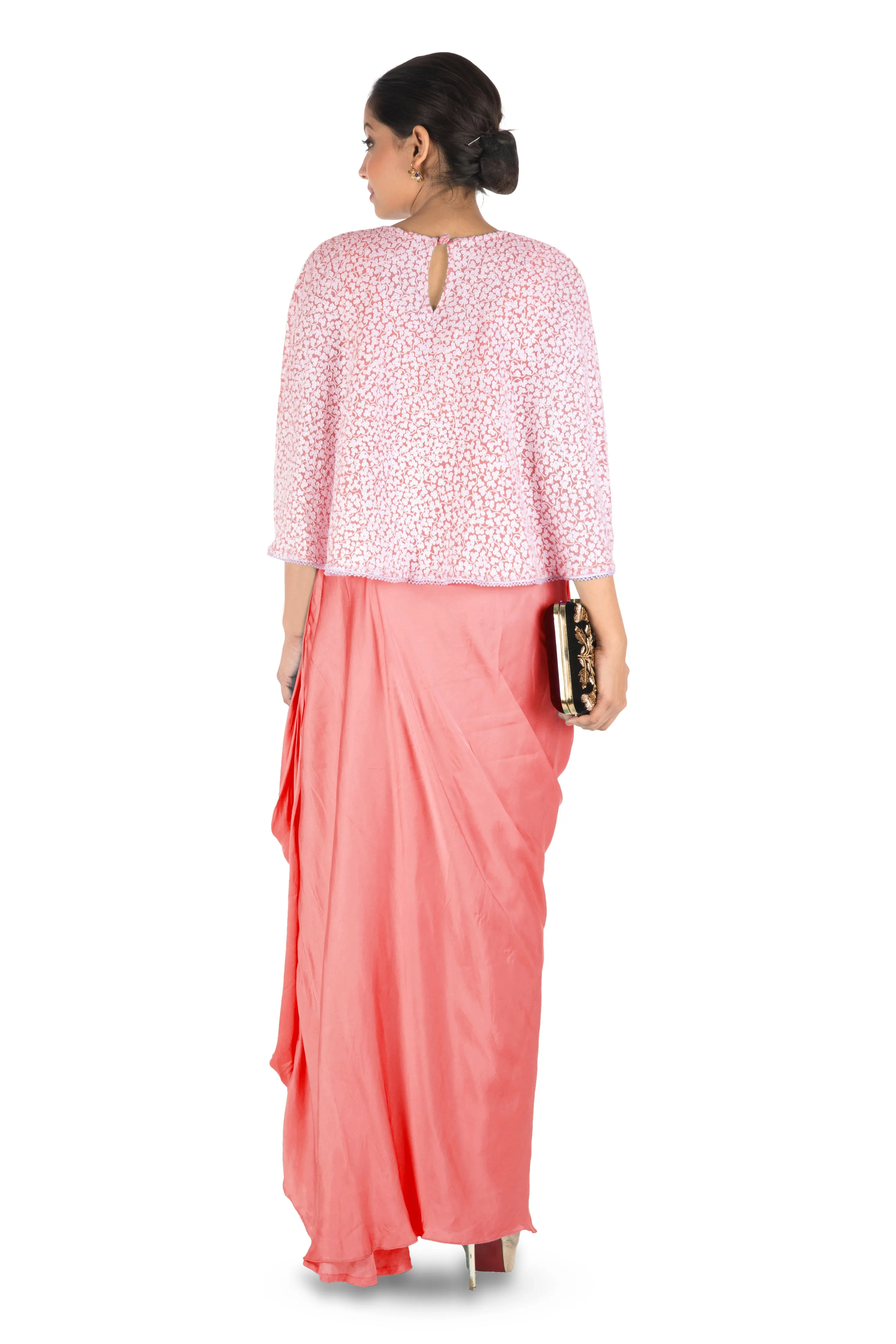 Anju Agarwal Hand Embroidered Peach Drape Skirt & Cape Set