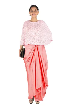 Anju Agarwal Hand Embroidered Peach Drape Skirt & Cape Set