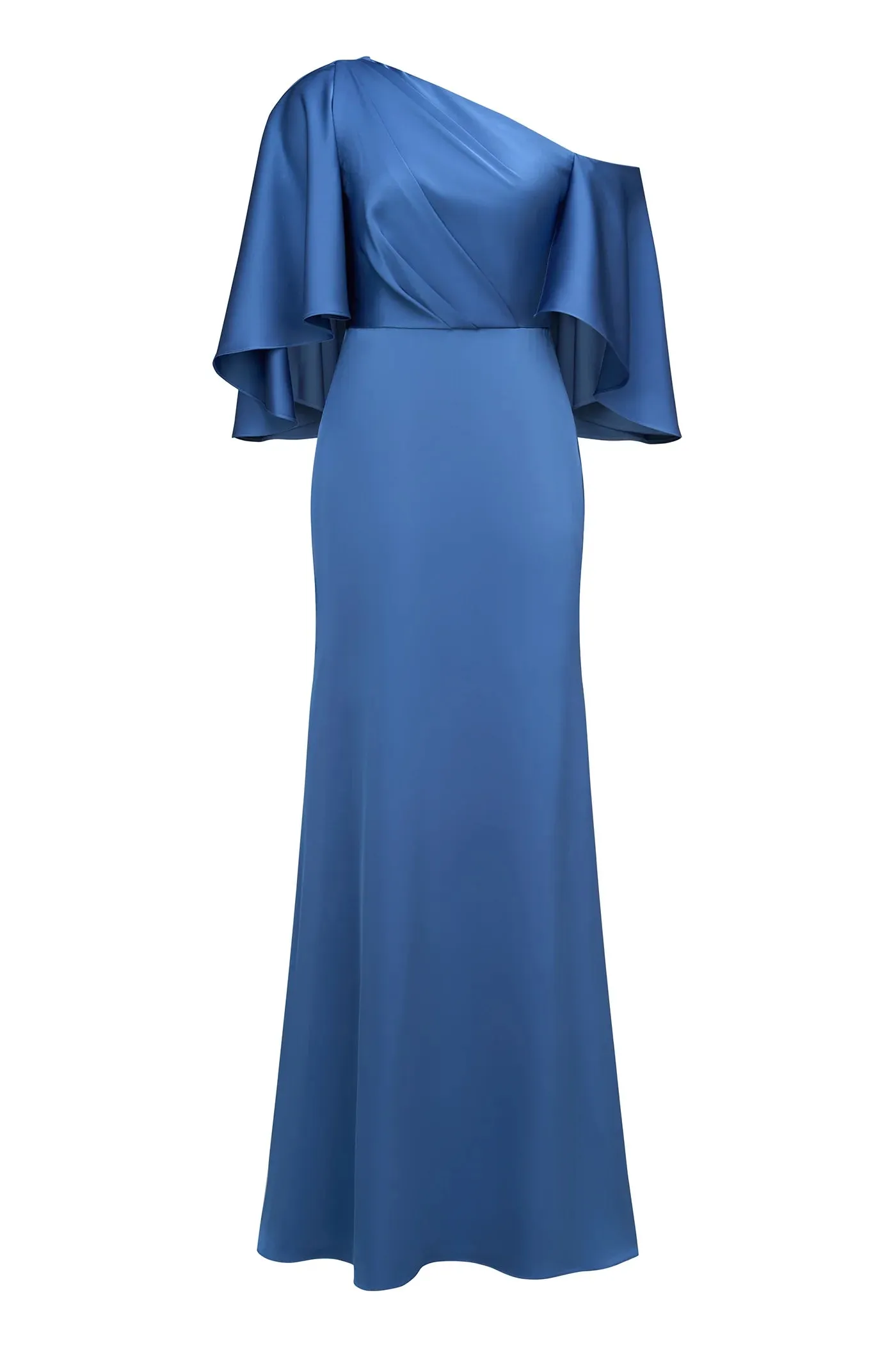 Asymmetric Satin Fit-and-Flare Gown with Draped Cape Sleeve