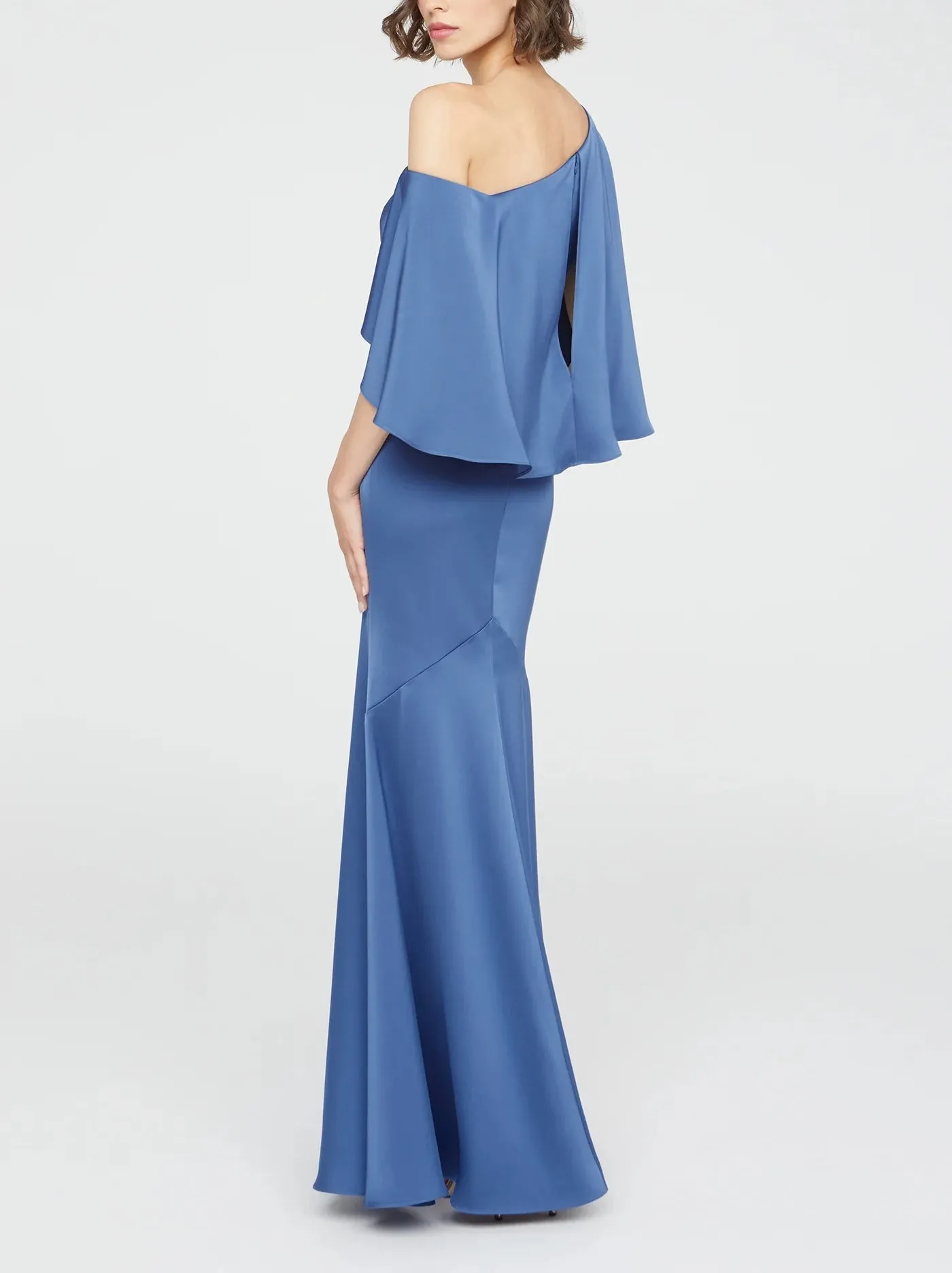 Asymmetric Satin Fit-and-Flare Gown with Draped Cape Sleeve