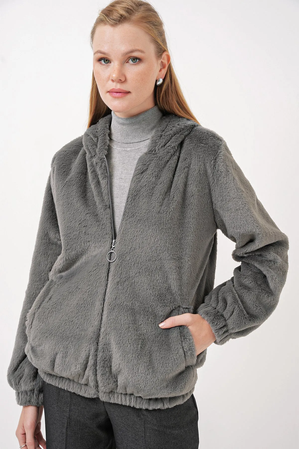 BGD Women Hooded Fur-Lined Inner Lined Coat - Anthracite - Paisley