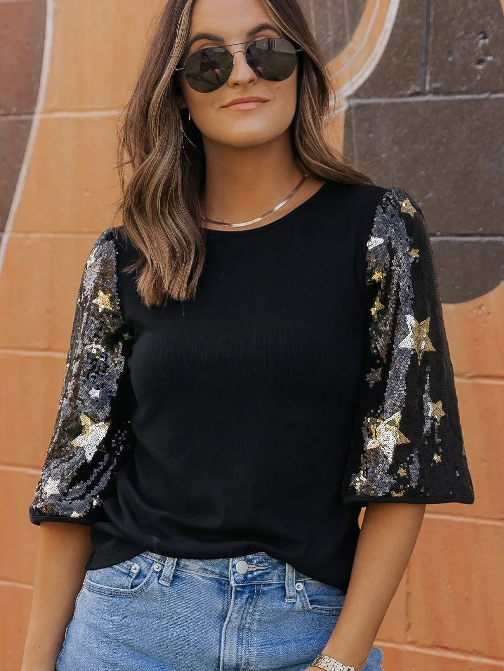 Black and Gold Star Sequin Top