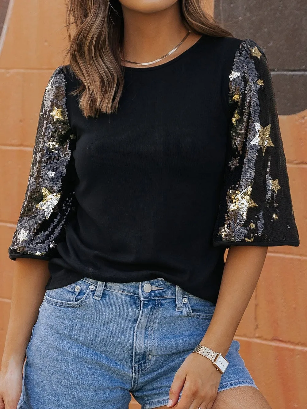 Black and Gold Star Sequin Top
