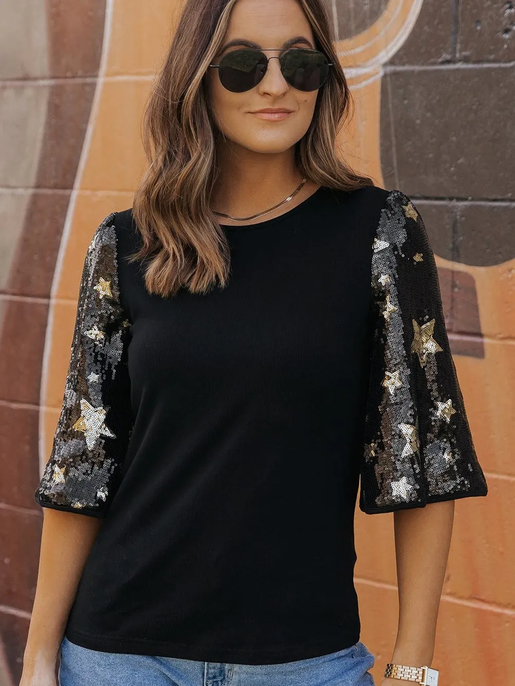 Black and Gold Star Sequin Top