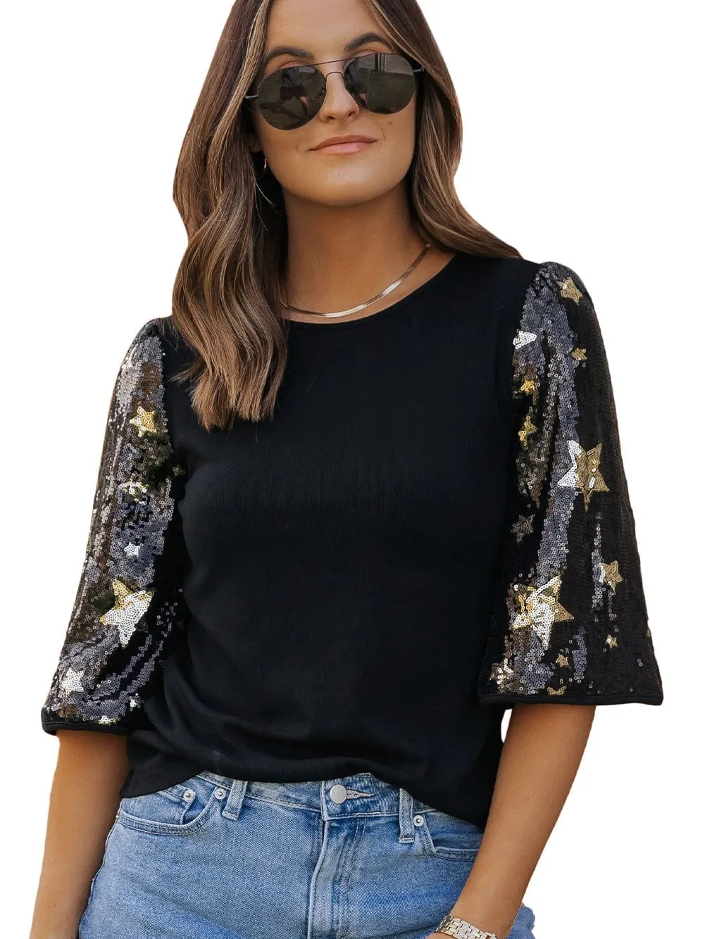 Black and Gold Star Sequin Top