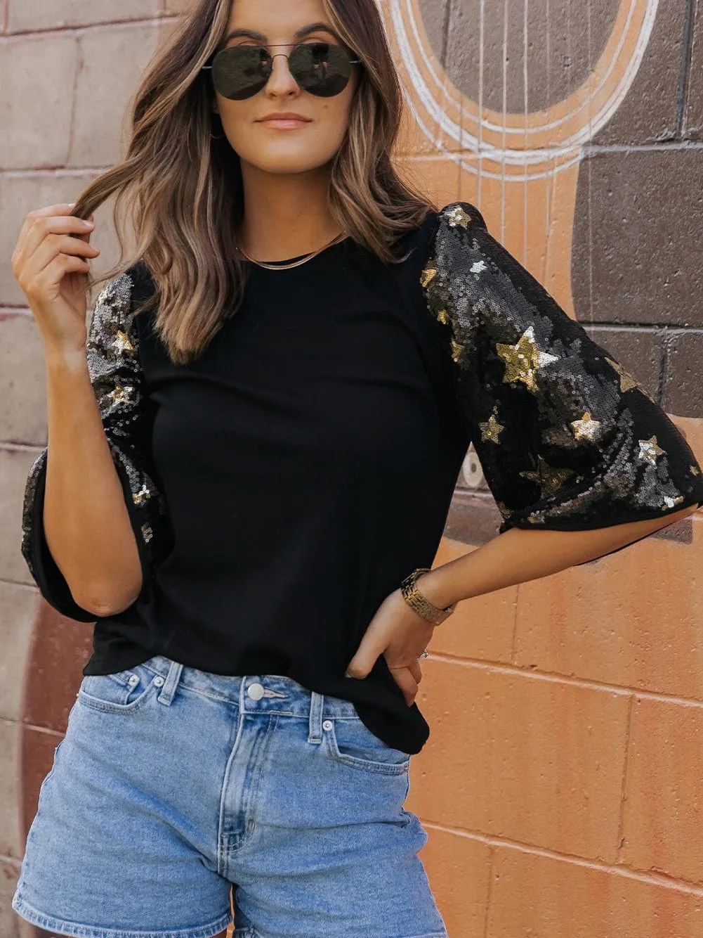 Black and Gold Star Sequin Top