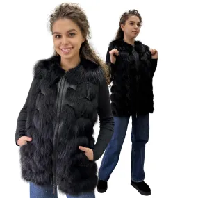 Black Natural Leather and Fox Fur Vest – Diamond Pattern, Zipper, and Lined Design (S)