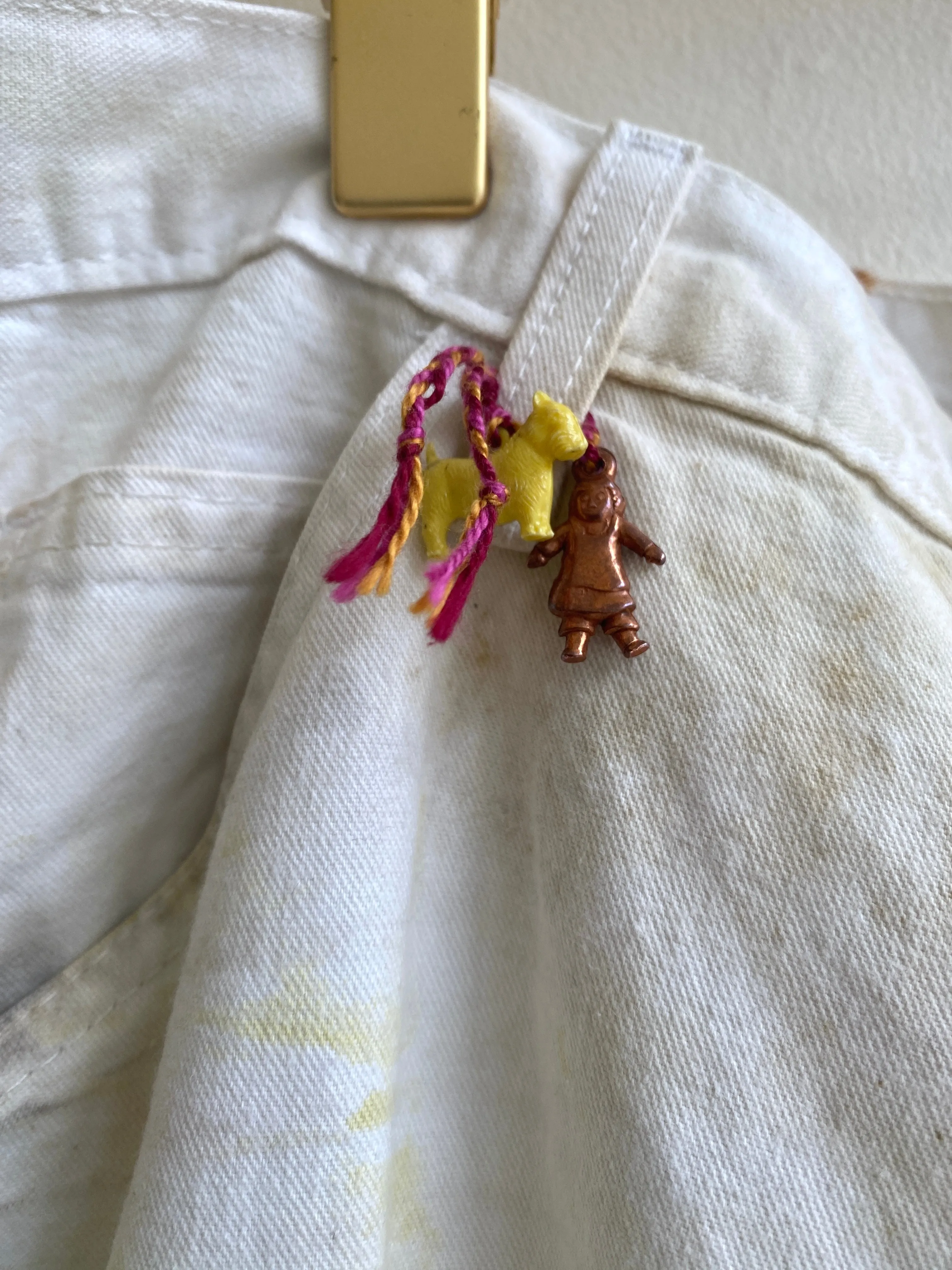 Blue, Green, Mustard Star Embroidered Yellow Dyed Pants w/ Cracker Jack Charm (Reworked)