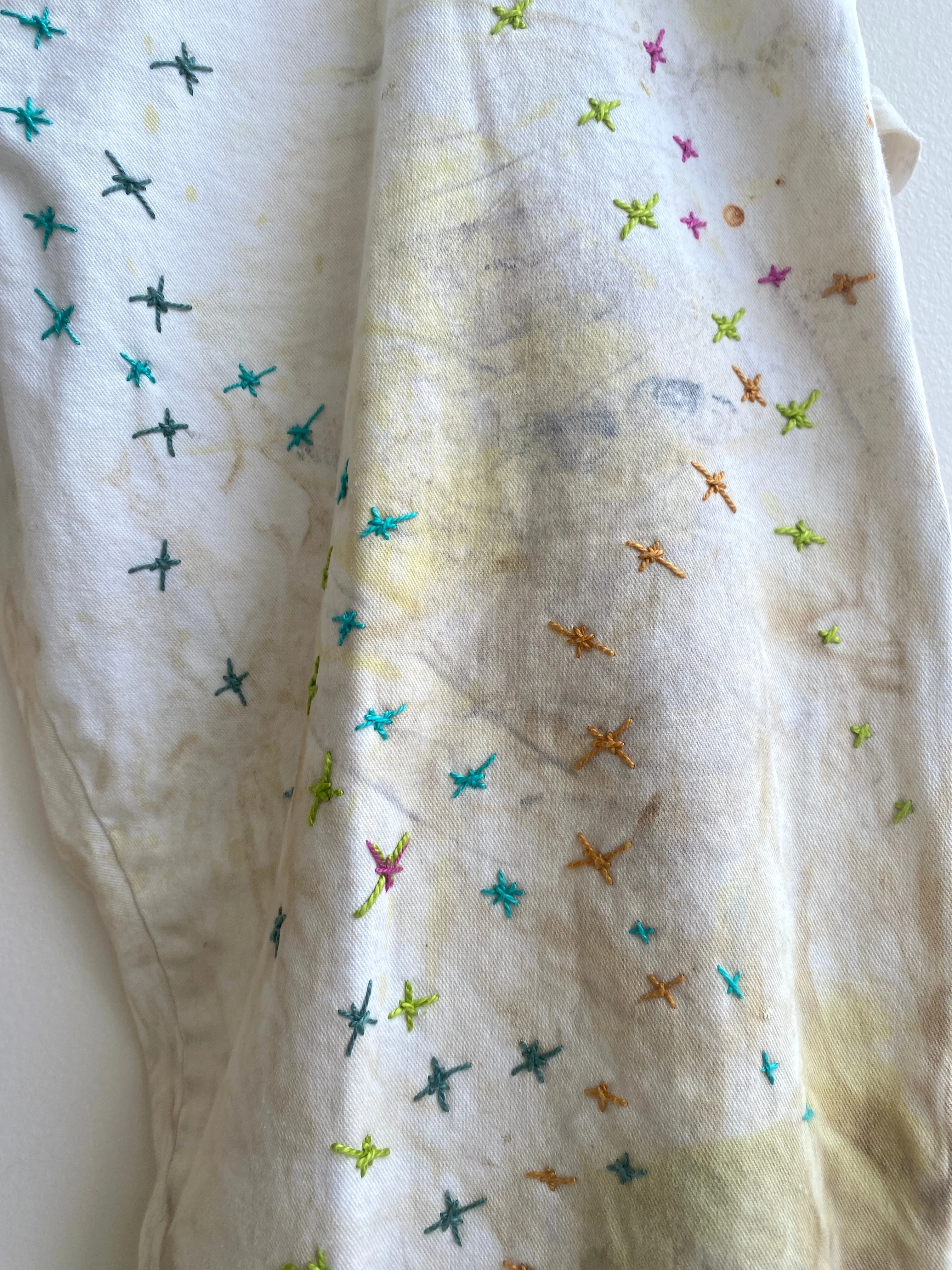 Blue, Green, Mustard Star Embroidered Yellow Dyed Pants w/ Cracker Jack Charm (Reworked)