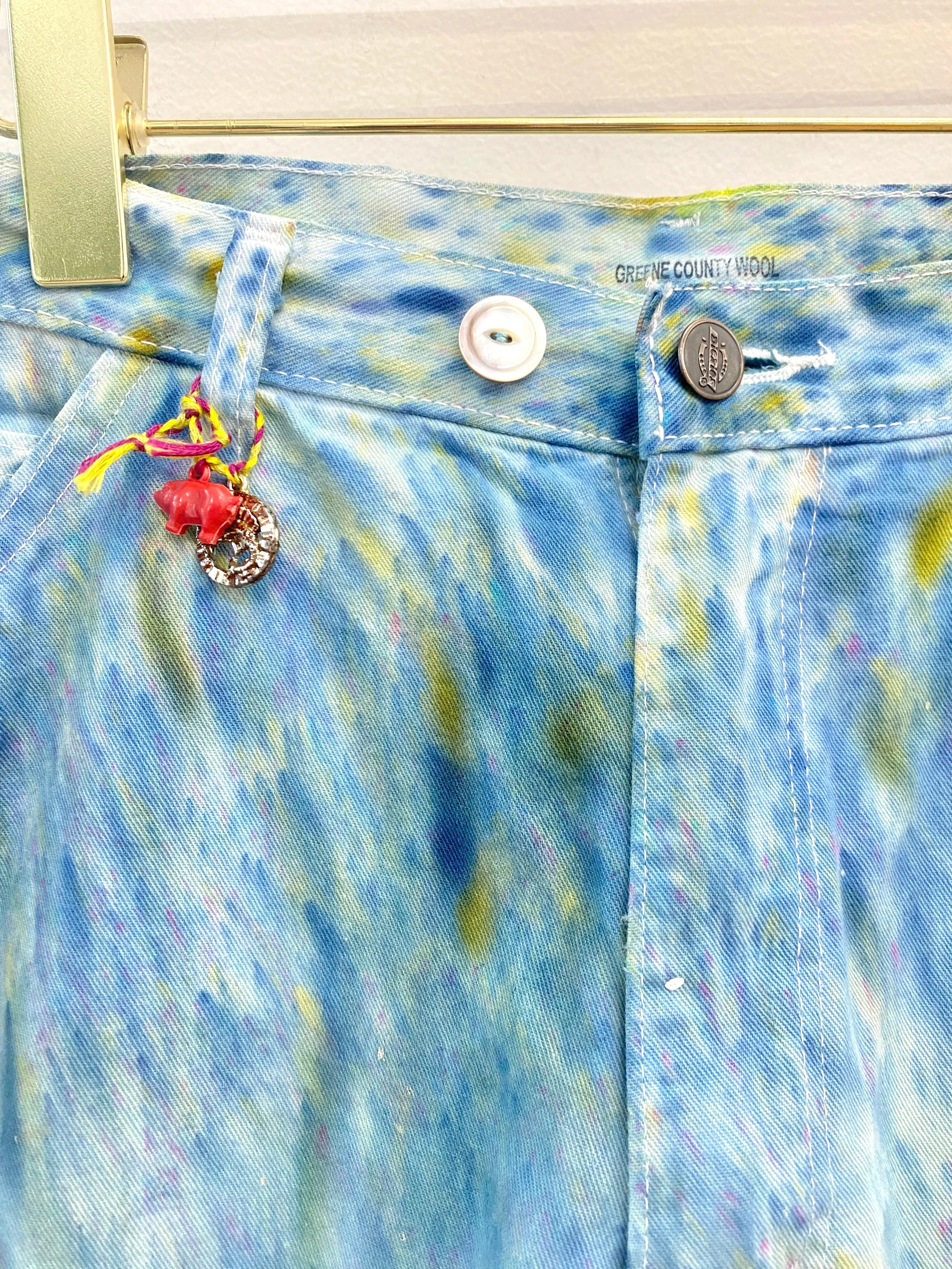 Blue Painters Pants w/ Green,Mustard & Blue Hand Embroidered Hole & Cracker Jack Charms (Reworked)