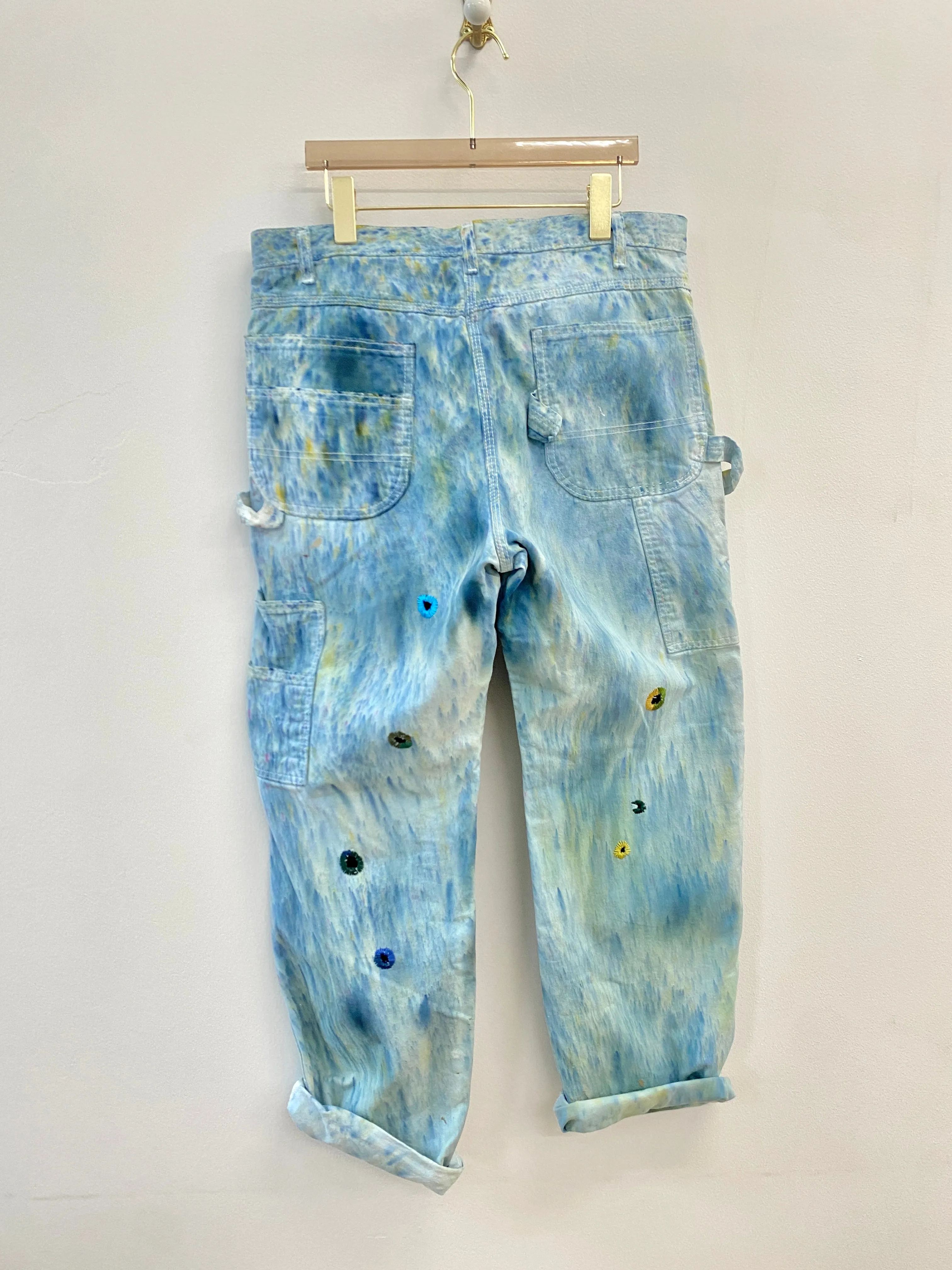 Blue Painters Pants w/ Green,Mustard & Blue Hand Embroidered Hole & Cracker Jack Charms (Reworked)