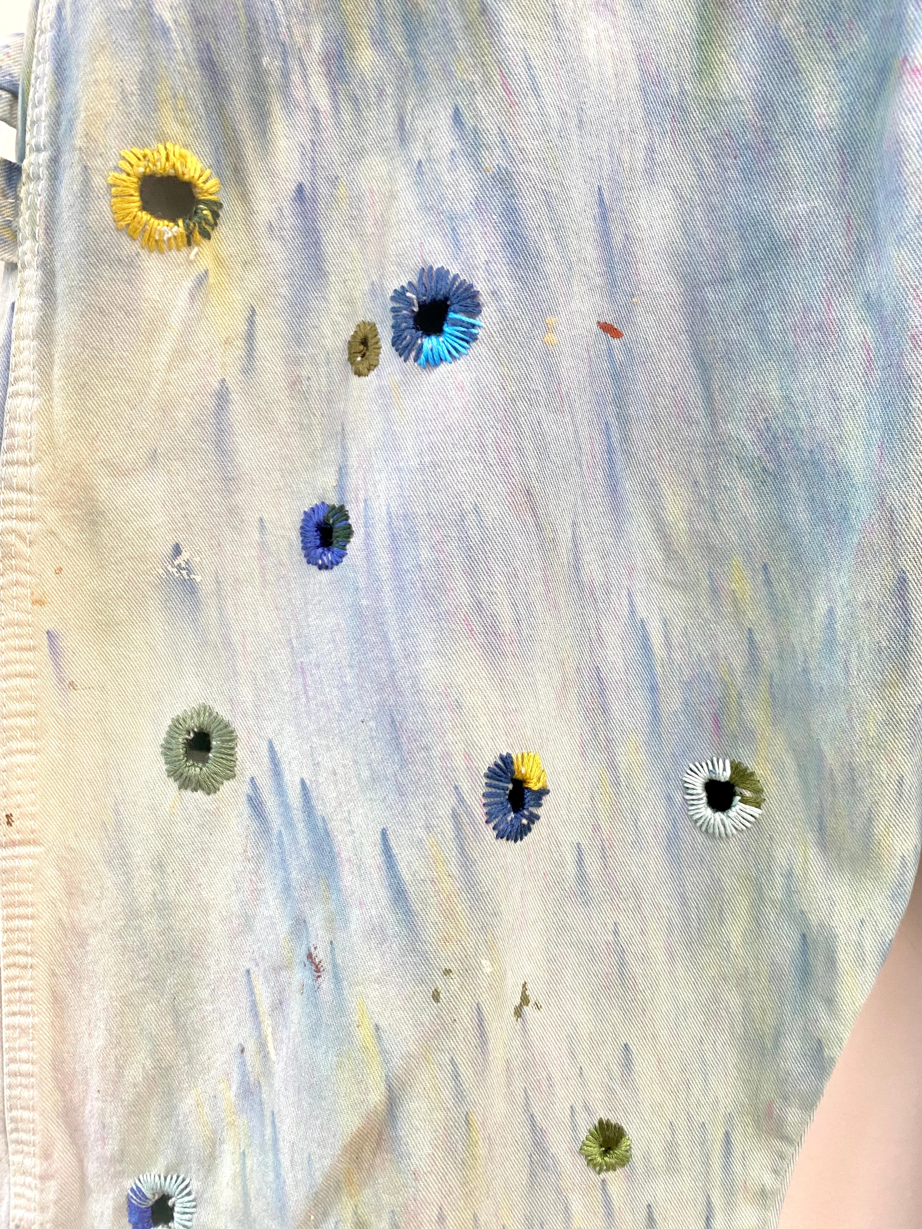 Blue Painters Pants w/ Green,Mustard & Blue Hand Embroidered Hole & Cracker Jack Charms (Reworked)
