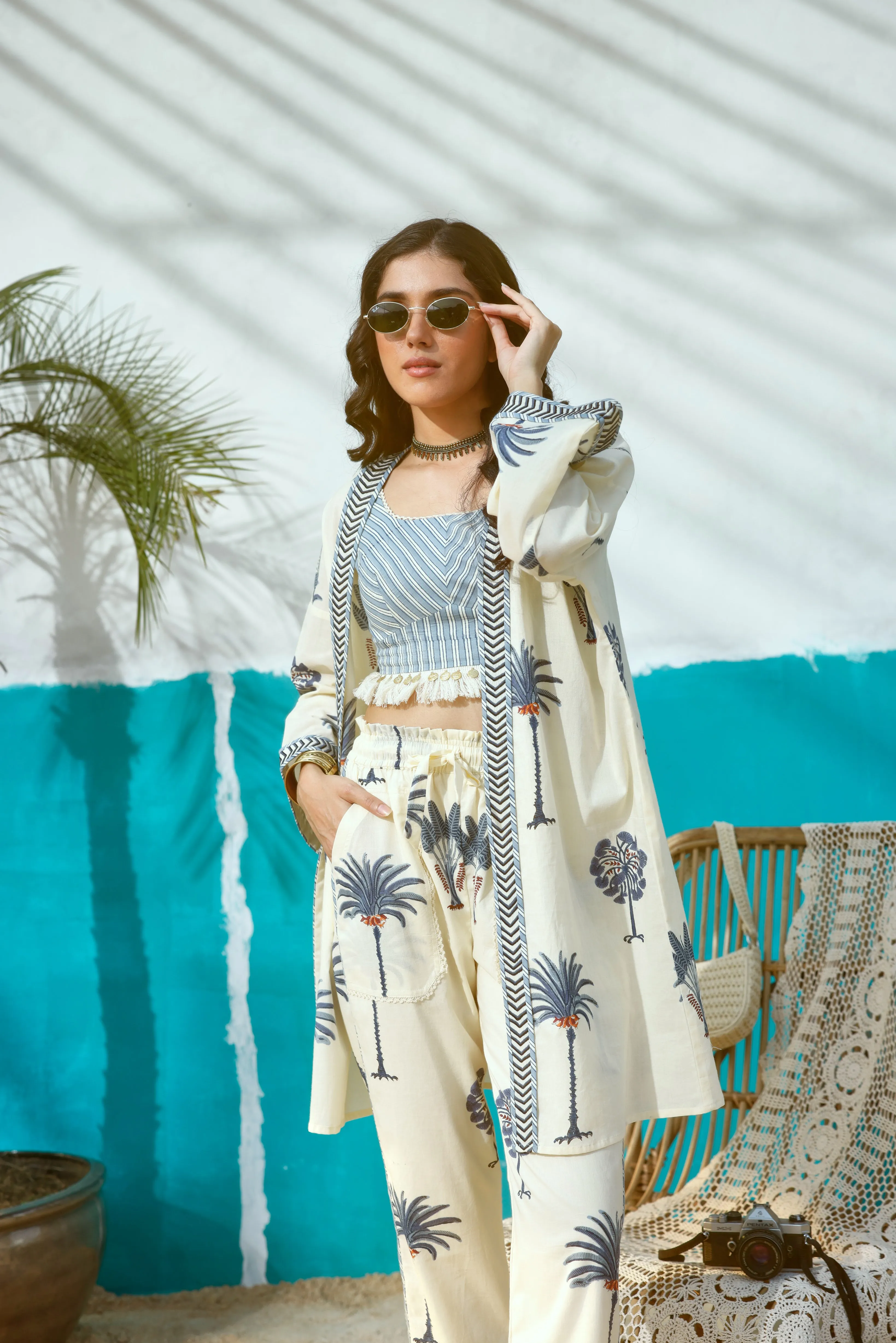 Blue Palm Tree Cape with Blouse and Pants- Set of 3