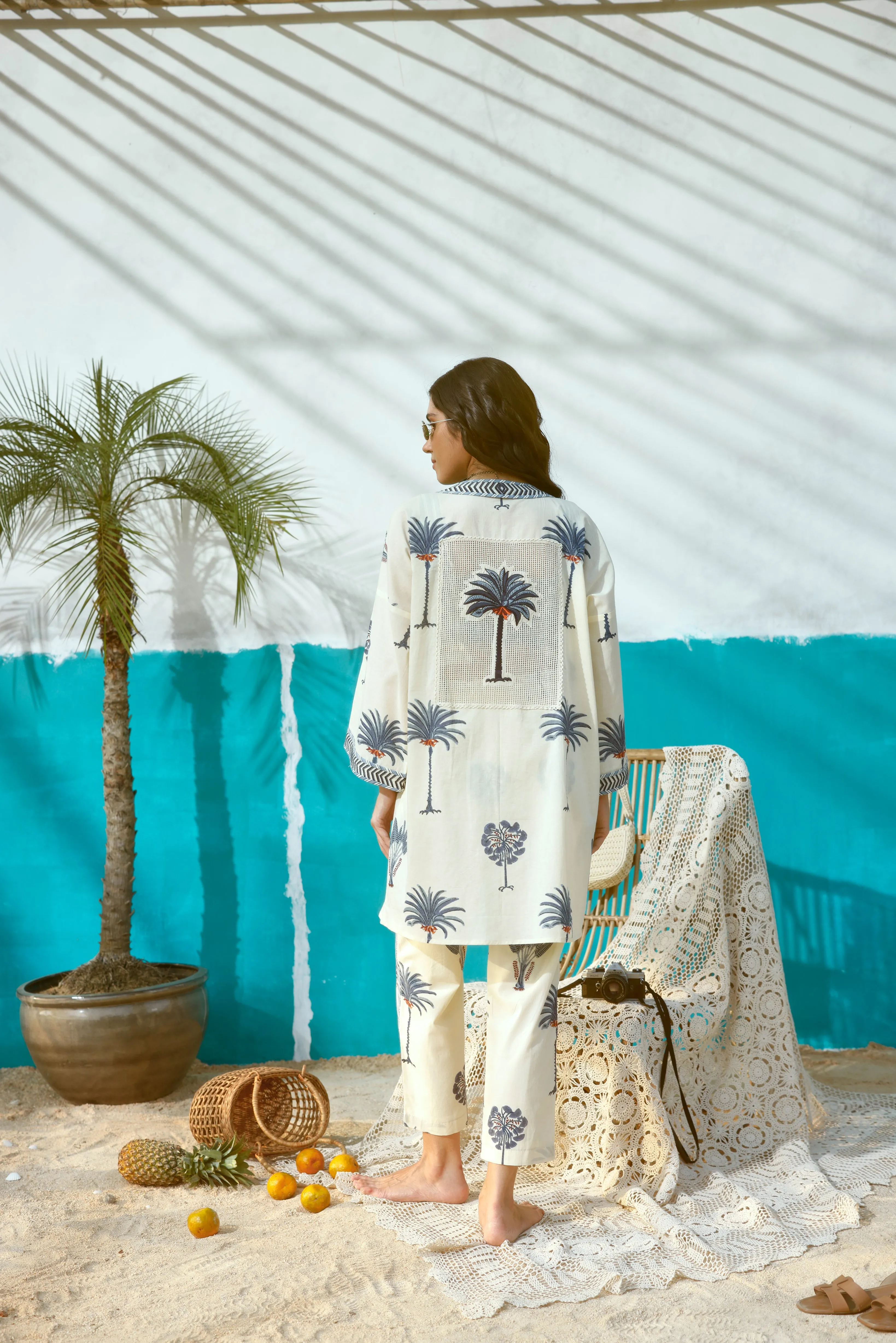 Blue Palm Tree Cape with Blouse and Pants- Set of 3