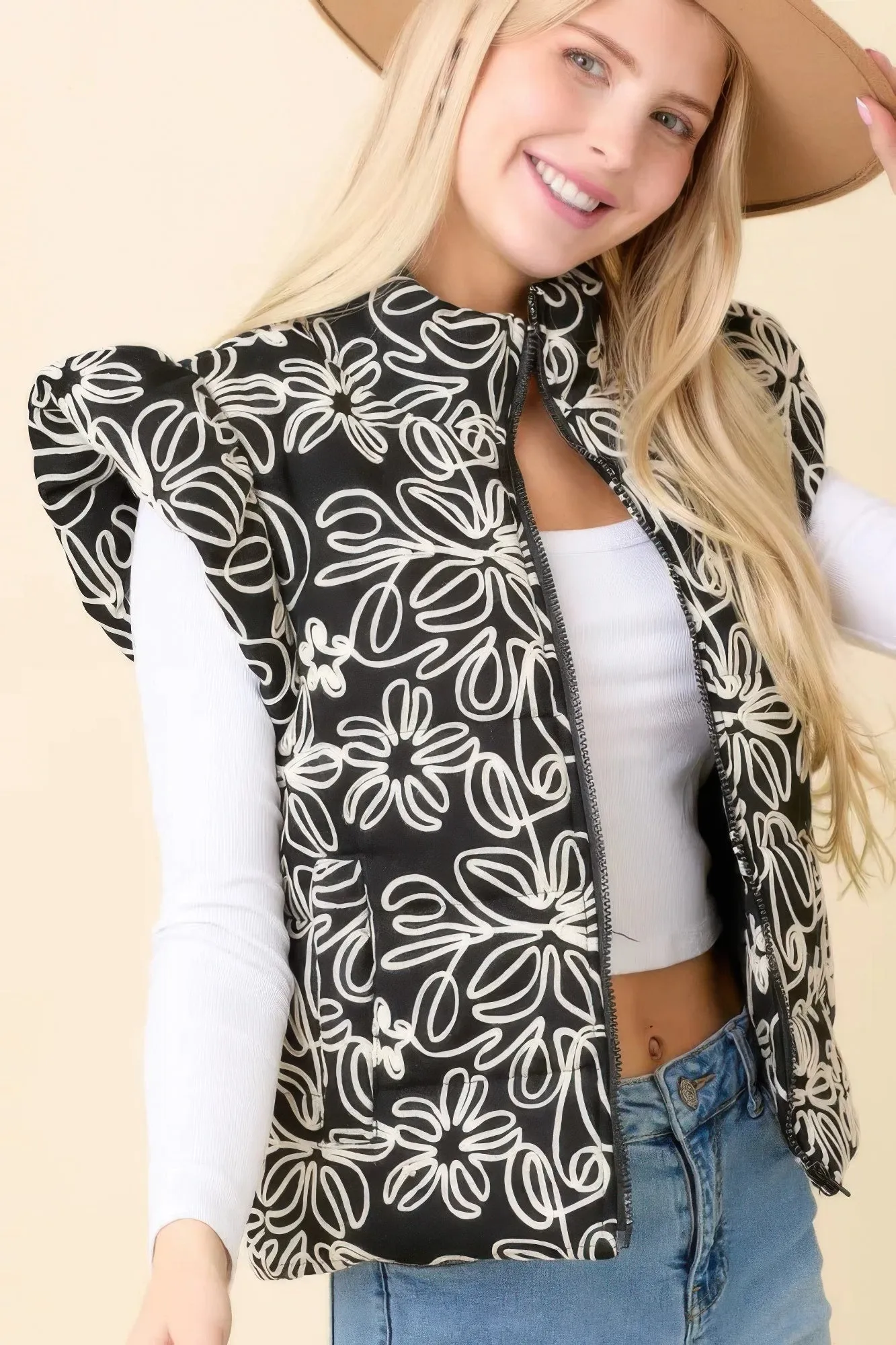 Blue Zone Planet |  Floral Velvet Embroidered Denim Puffer Vest