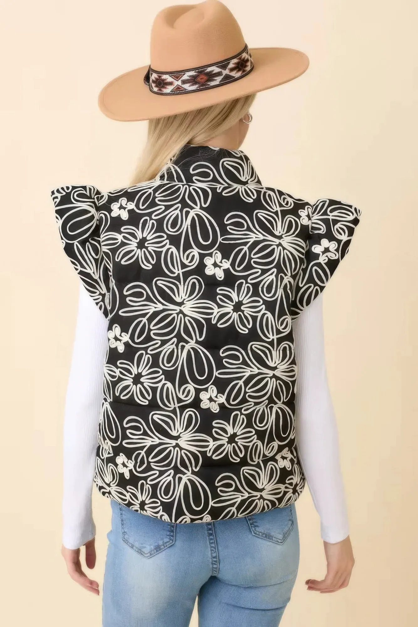 Blue Zone Planet |  Floral Velvet Embroidered Denim Puffer Vest