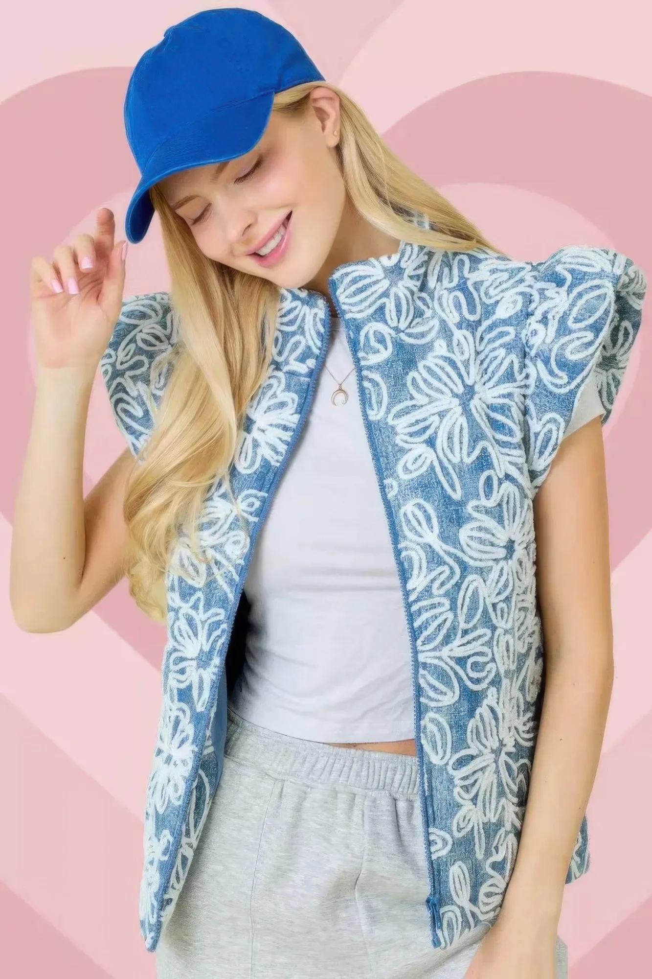 Blue Zone Planet |  Floral Velvet Embroidered Denim Puffer Vest