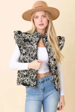 Blue Zone Planet |  Floral Velvet Embroidered Denim Puffer Vest