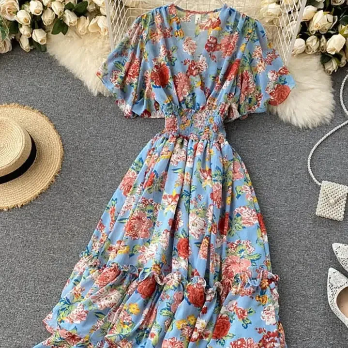 Bohemian Floral Printed V-Neck High Waist Dress