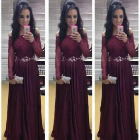 Burgundy Lace Top Off Shoulders Long Sleeve Prom Dress