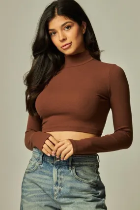 Cocoa Ribbed Knit Cropped Mock Neck Long Sleeve Tee