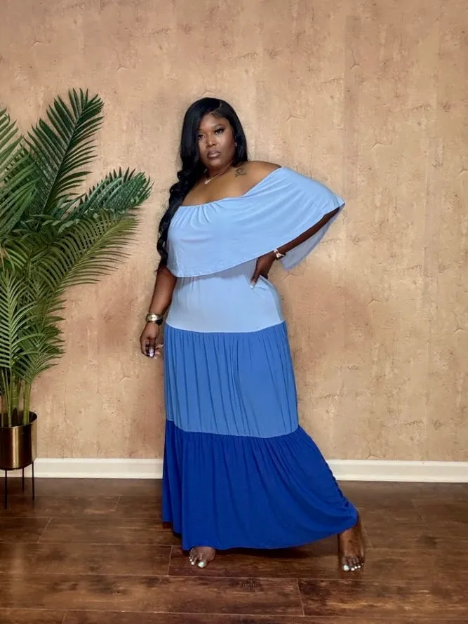 COLOR BLOCKED TIERD MAXI DRESS (Blue)