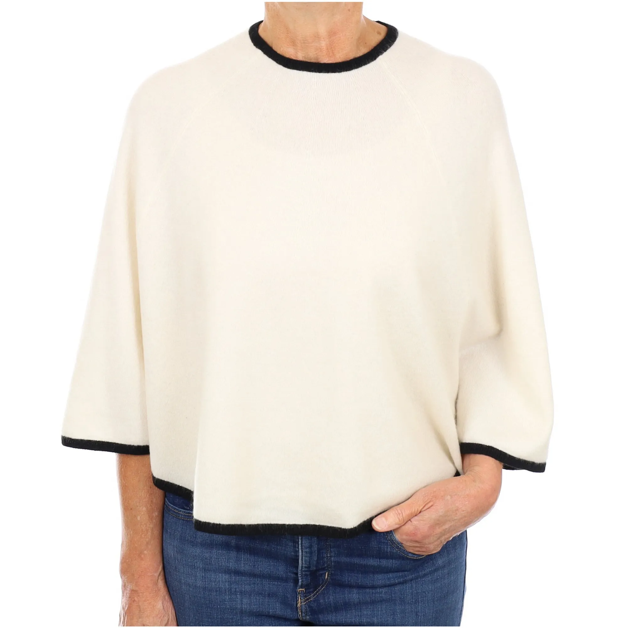 Cream Black Trimmed Cashmere Cape One Size
