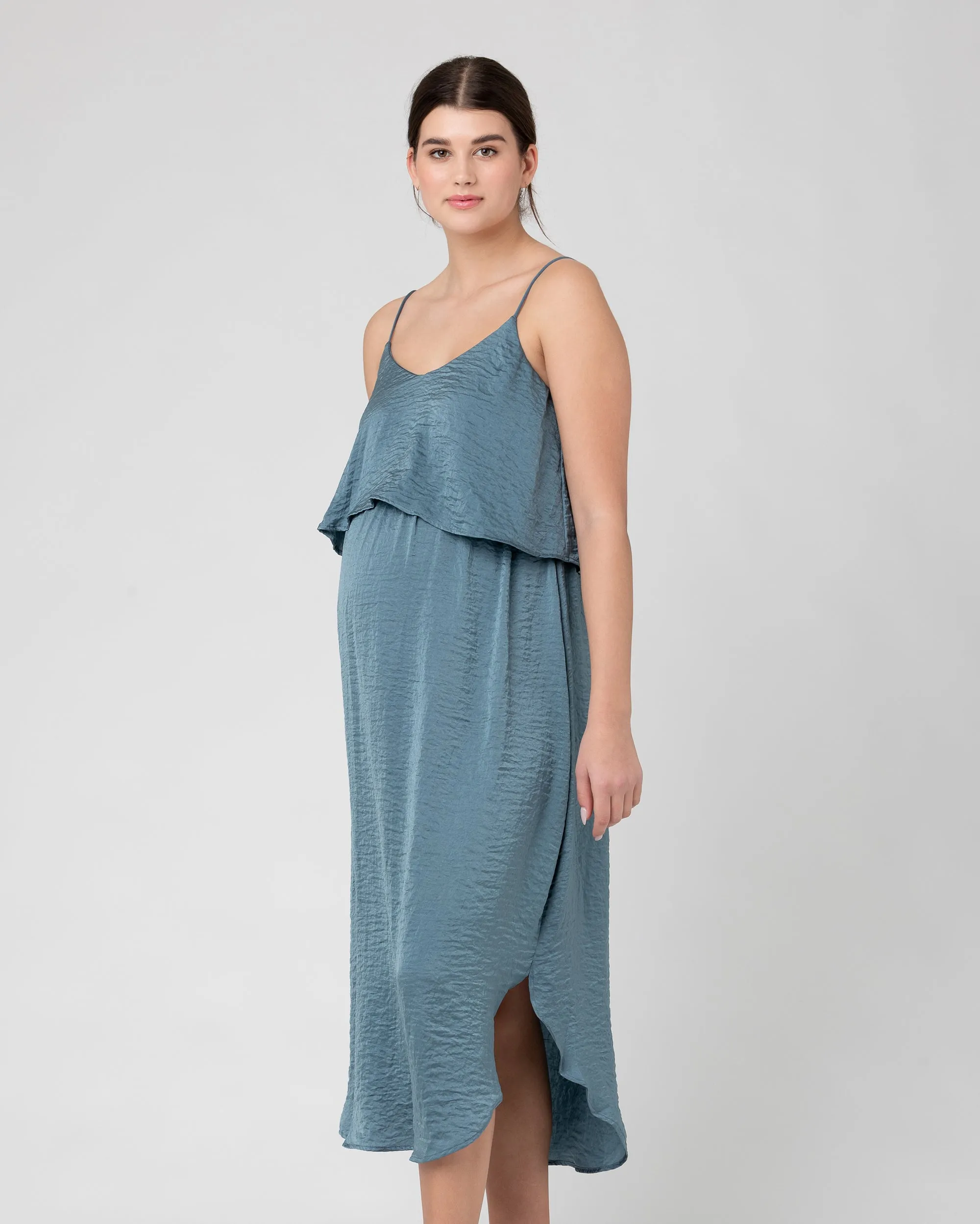 Crushed Satin Nursing Dress  Dusty Blue