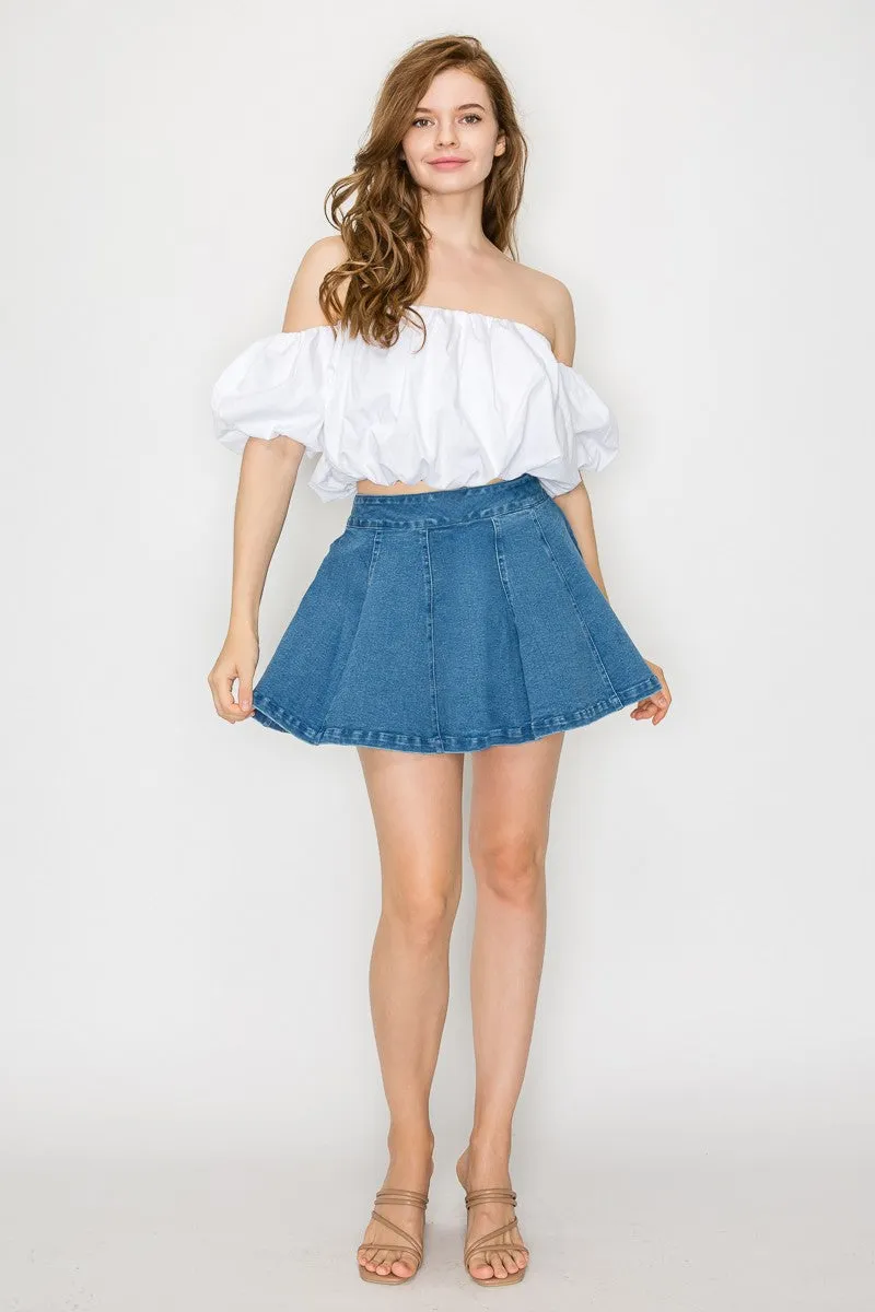 Denim A-Line Zip-Up Elastic Skirt