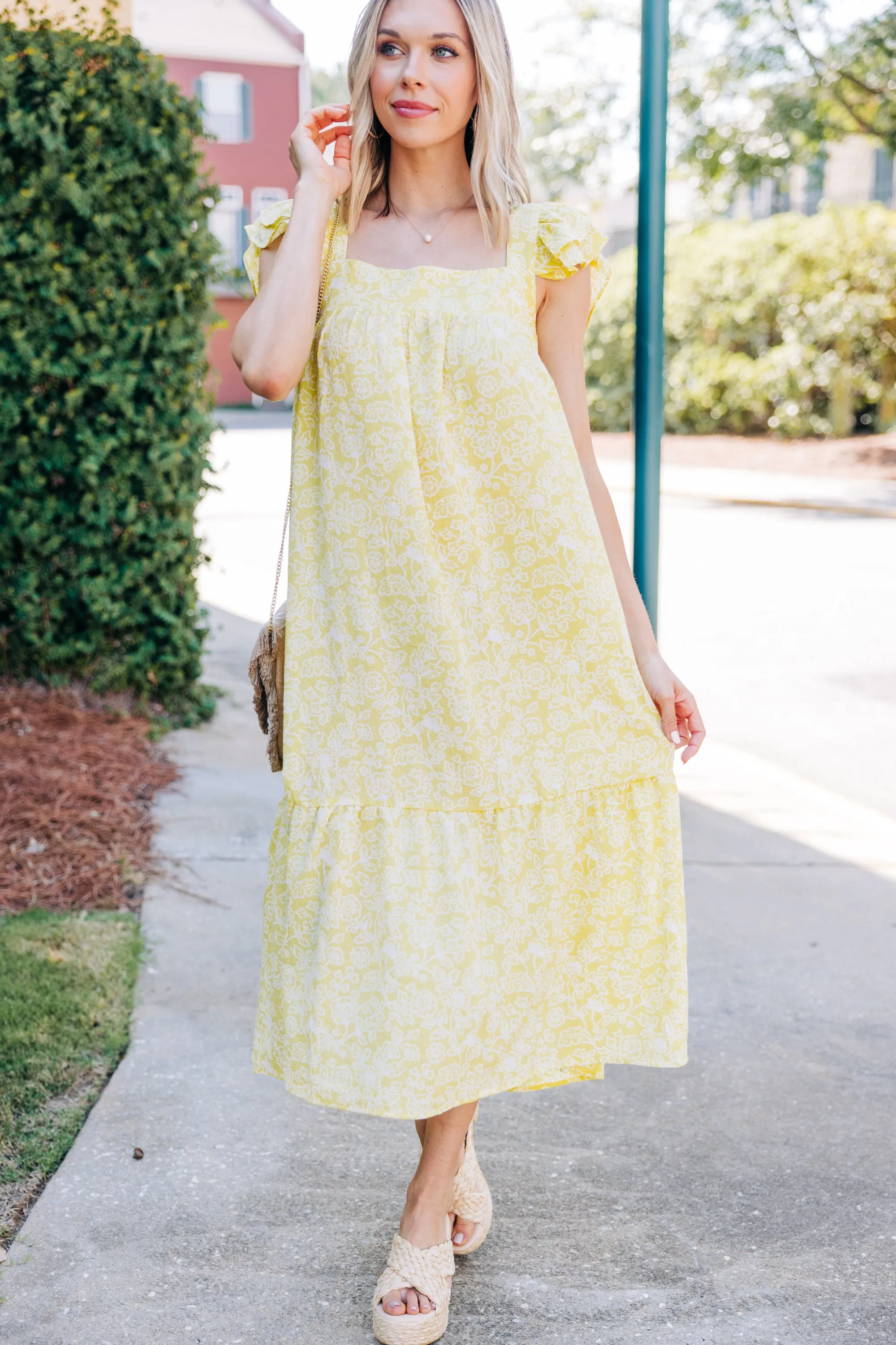 Easy To See Kiwi Yellow Floral Midi Dress