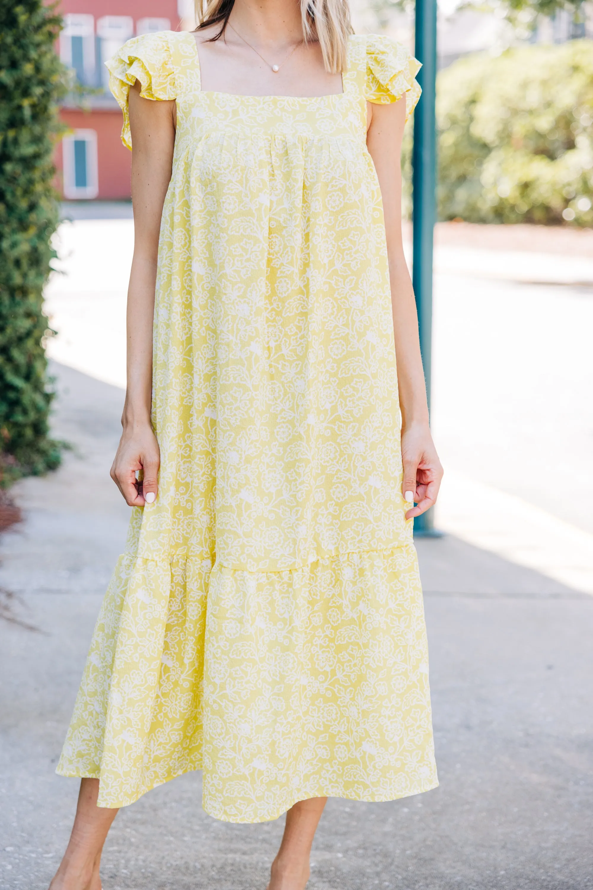 Easy To See Kiwi Yellow Floral Midi Dress