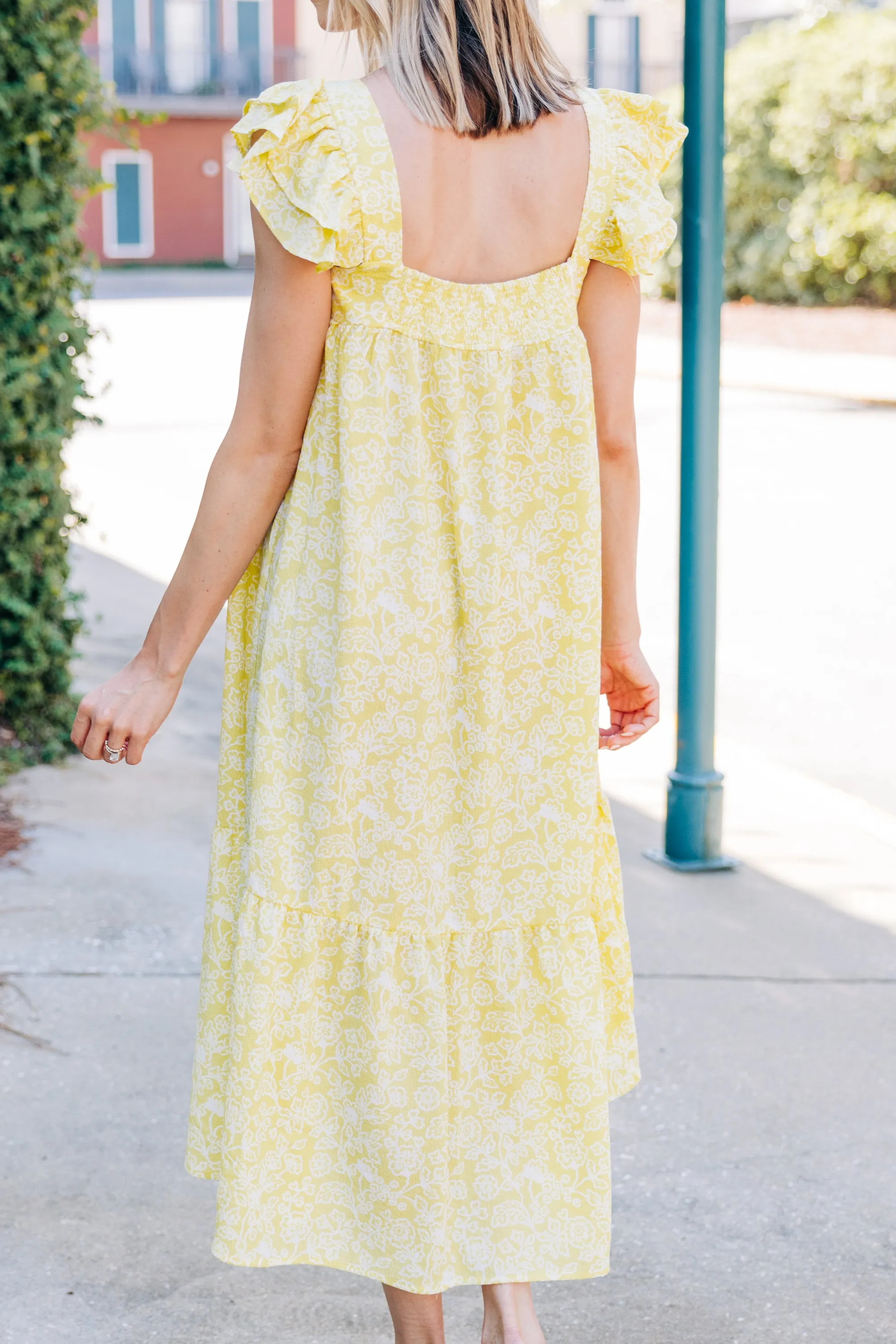 Easy To See Kiwi Yellow Floral Midi Dress