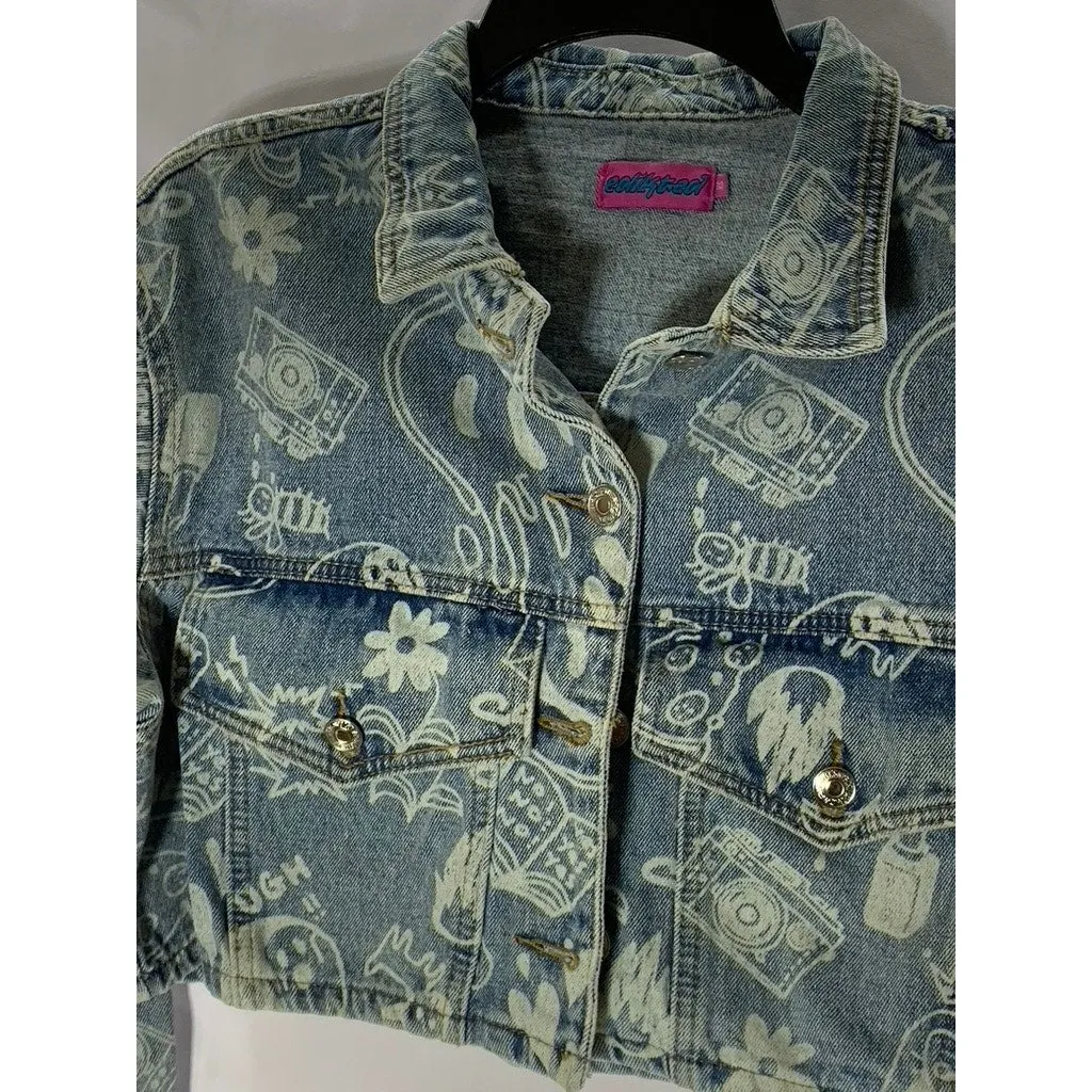 EDIKTED Women's Blue Malia Print Denim Long Sleeve Button-Up Cropped Jacket SZXS