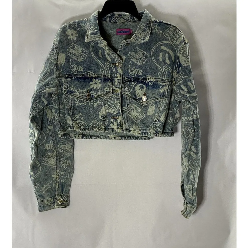 EDIKTED Women's Blue Malia Print Denim Long Sleeve Button-Up Cropped Jacket SZXS