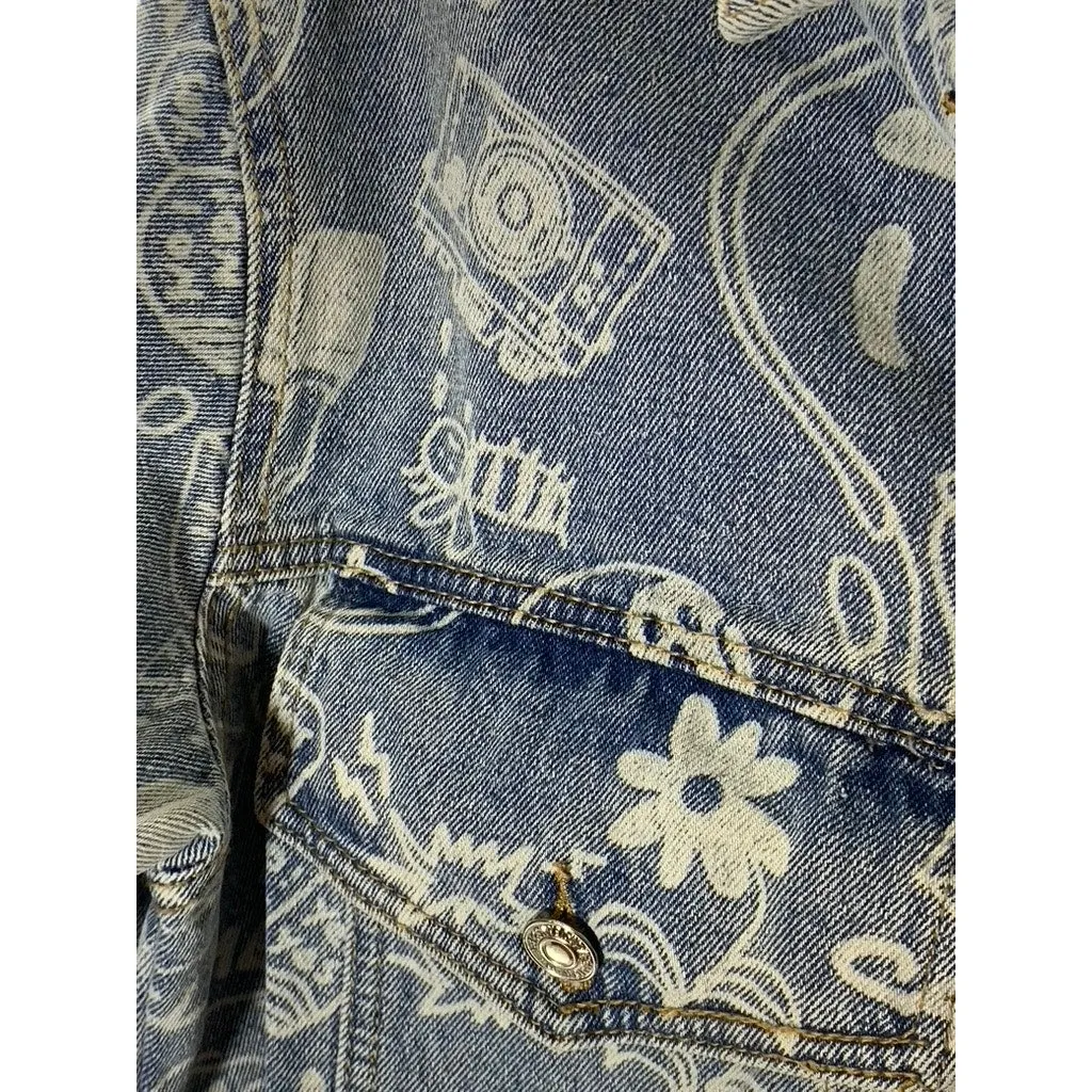 EDIKTED Women's Blue Malia Print Denim Long Sleeve Button-Up Cropped Jacket SZXS