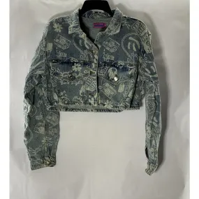 EDIKTED Women's Blue Malia Print Denim Long Sleeve Button-Up Cropped Jacket SZXS
