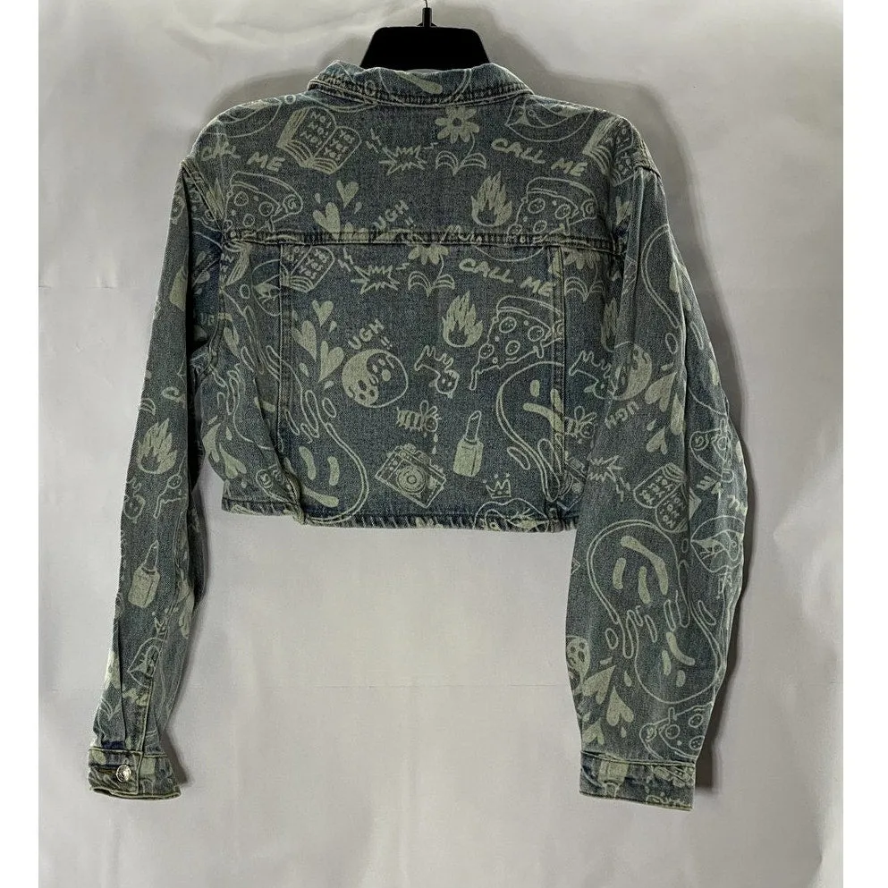 EDIKTED Women's Blue Malia Print Denim Long Sleeve Button-Up Cropped Jacket SZXS