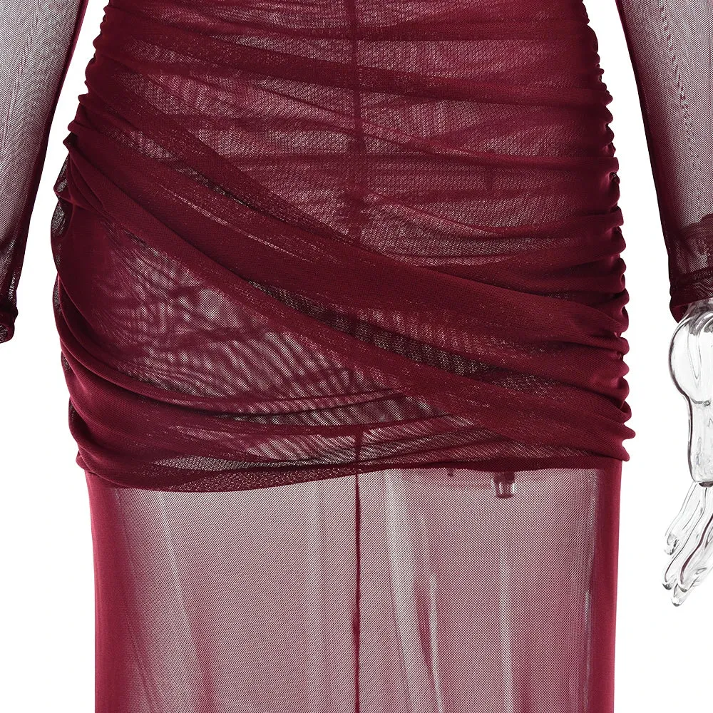 Elegant Long Sleeve Mesh Patchwork Bodycon Evening Dress