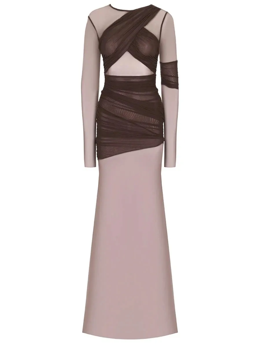 Elegant Long Sleeve Mesh Patchwork Bodycon Evening Dress