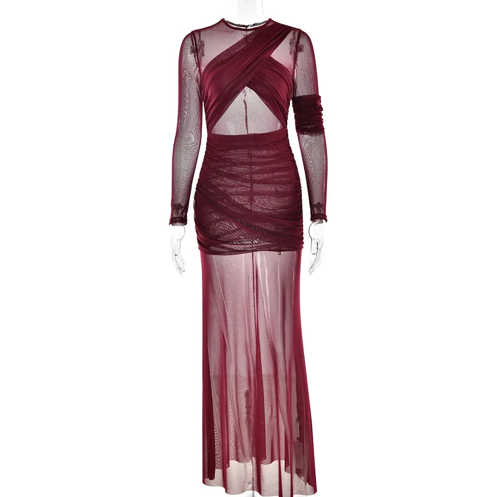 Elegant Long Sleeve Mesh Patchwork Bodycon Evening Dress