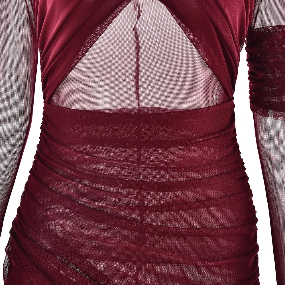 Elegant Long Sleeve Mesh Patchwork Bodycon Evening Dress