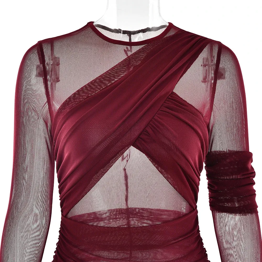 Elegant Long Sleeve Mesh Patchwork Bodycon Evening Dress