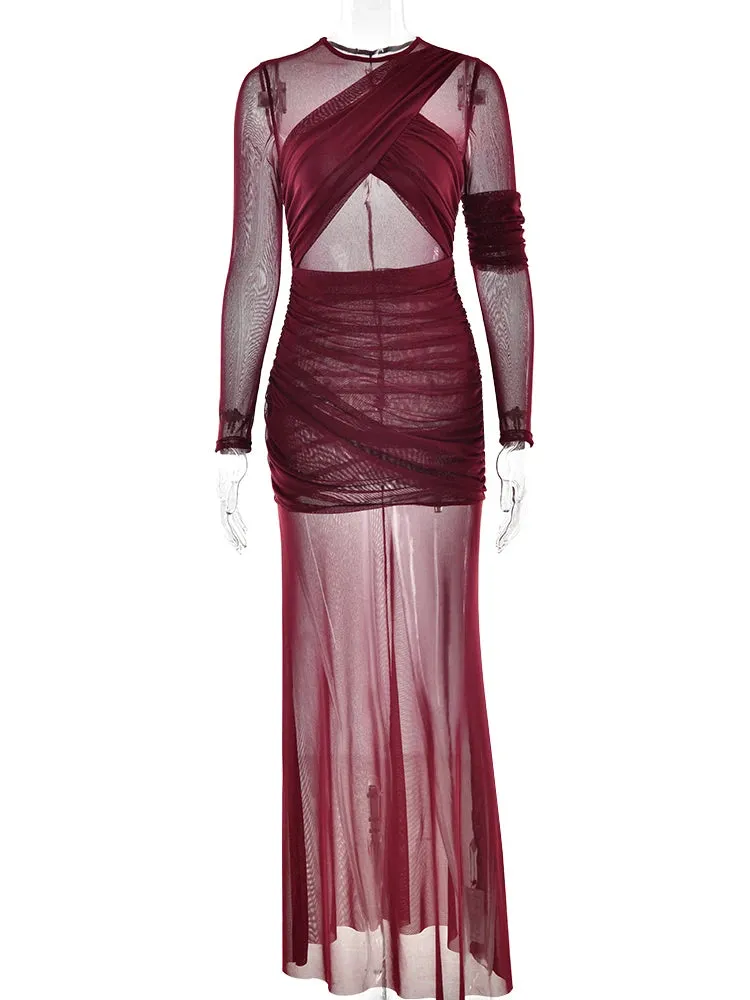 Elegant Long Sleeve Mesh Patchwork Bodycon Evening Dress