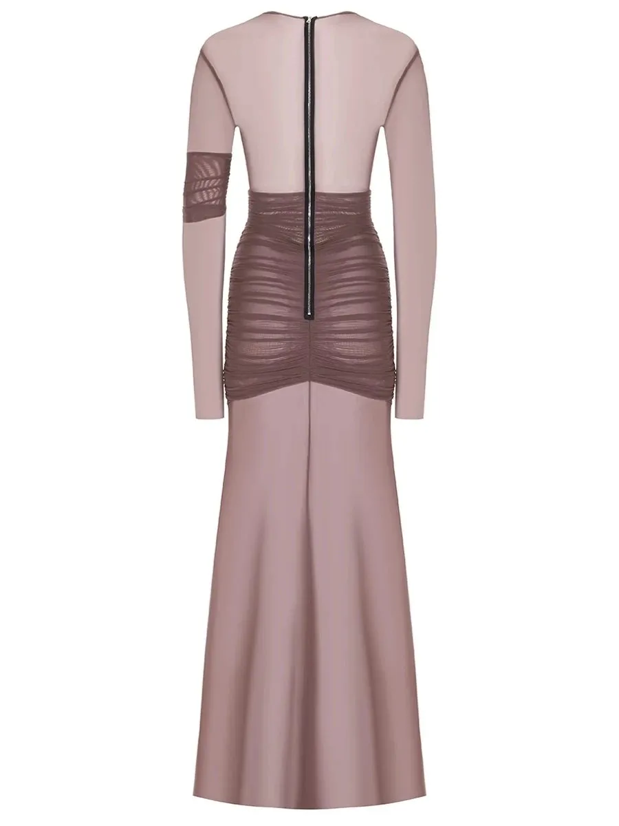 Elegant Long Sleeve Mesh Patchwork Bodycon Evening Dress