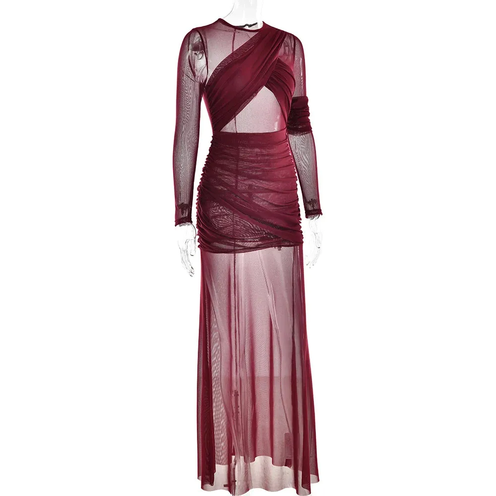 Elegant Long Sleeve Mesh Patchwork Bodycon Evening Dress