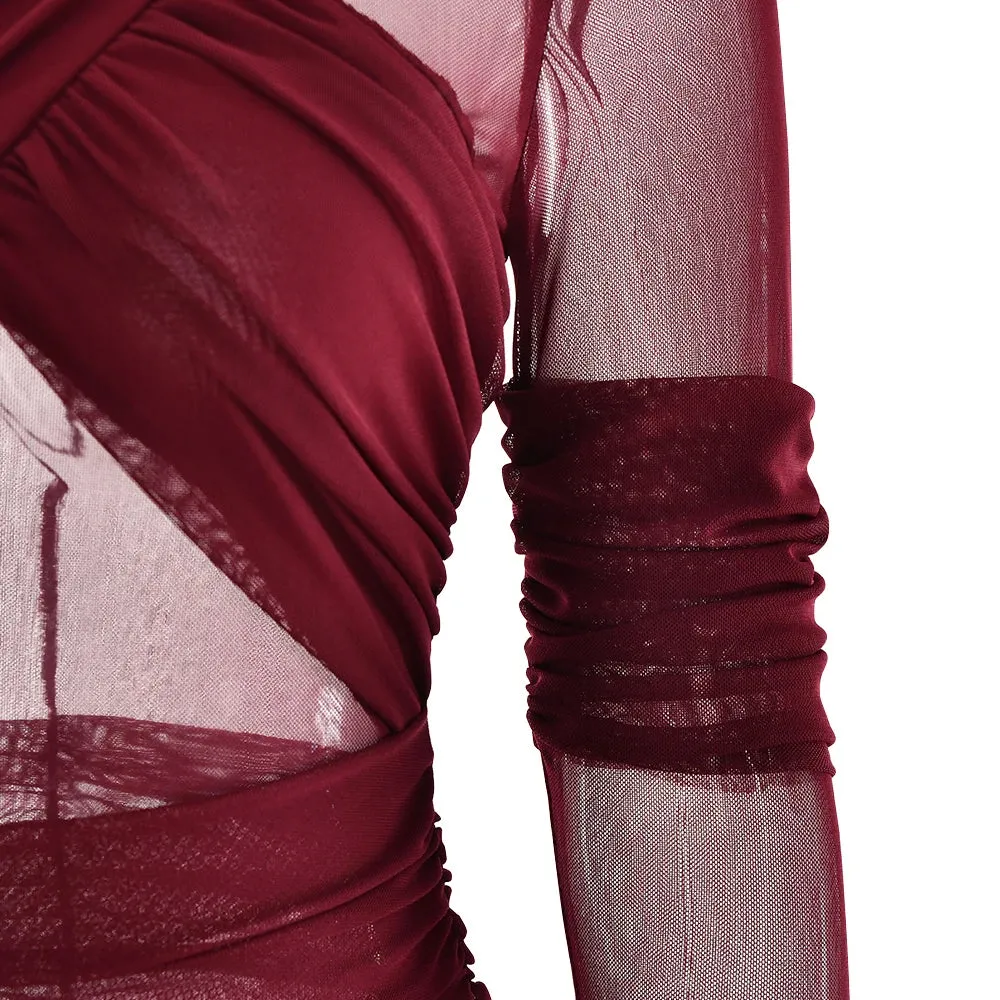 Elegant Long Sleeve Mesh Patchwork Bodycon Evening Dress